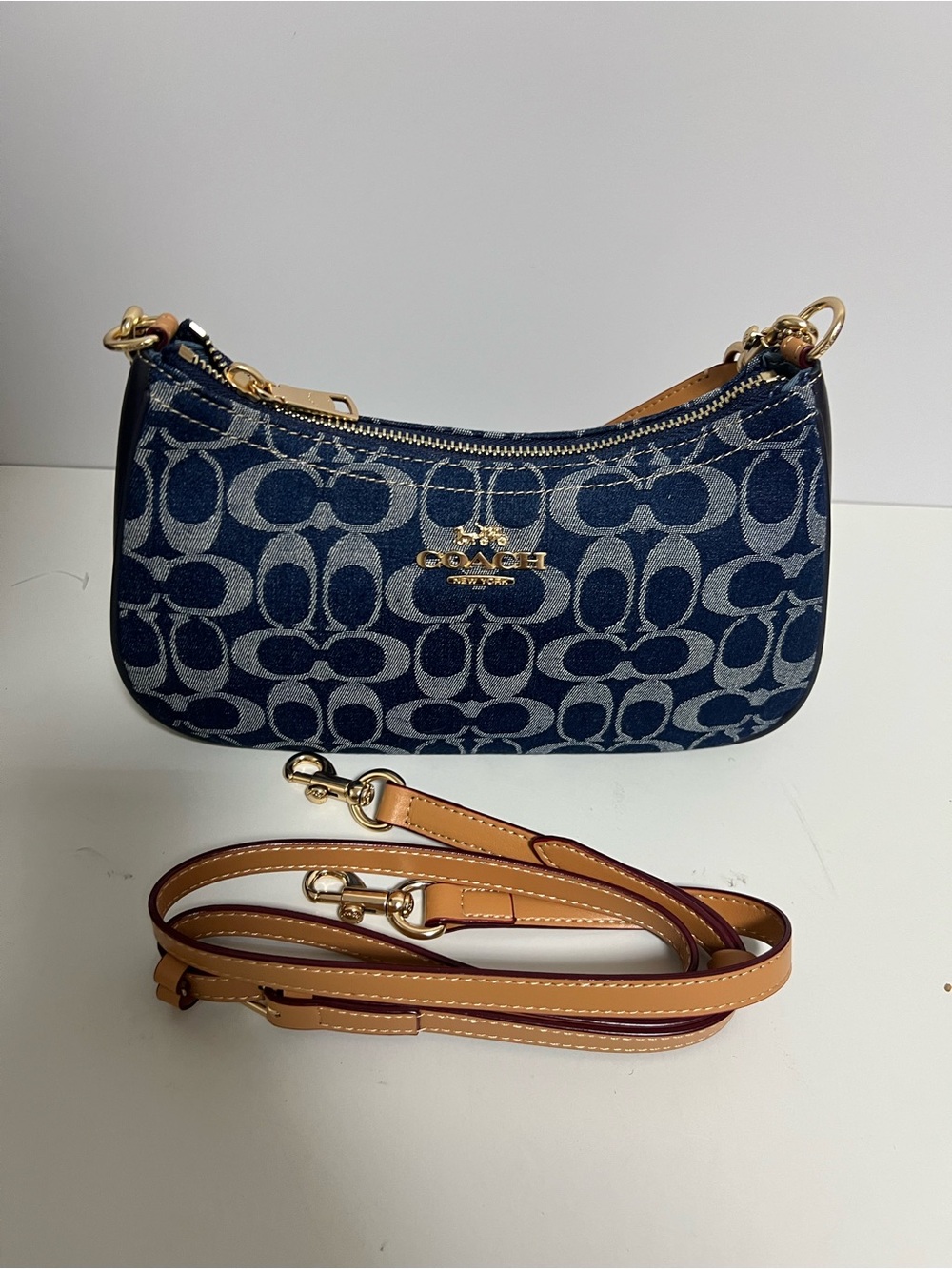 Coach Denim Signature Mini Shoulder Bag in Navy and Tan